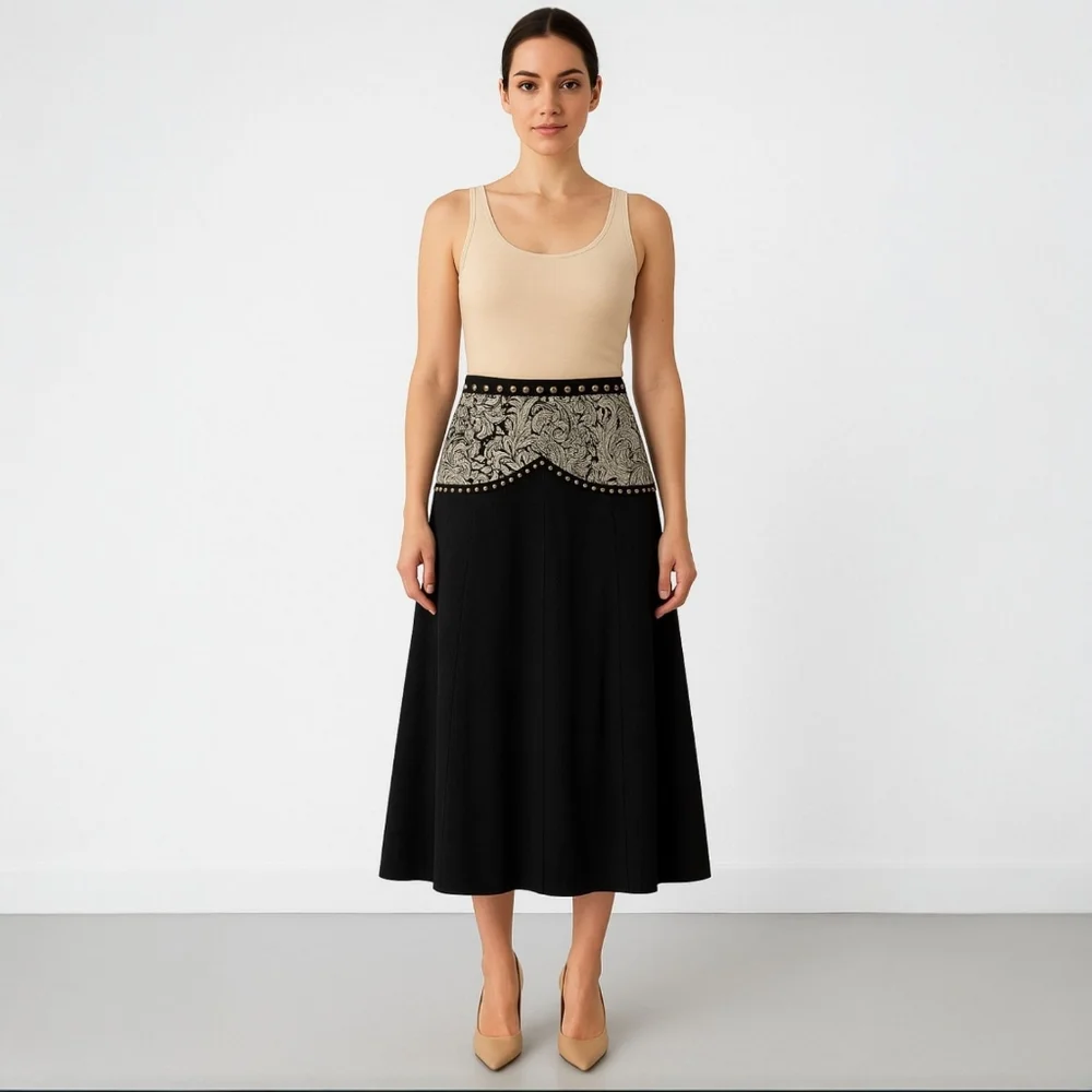 Cache Black A-Line Skirt with Beige Ornate Waist Panel - Picture 13 of 14